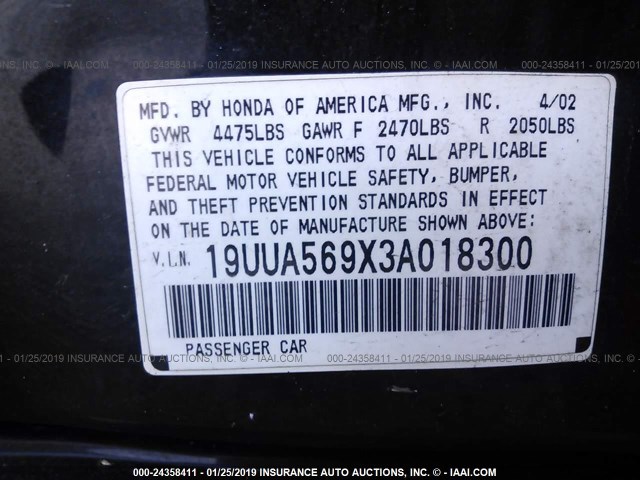 19UUA569X3A018300 - 2003 ACURA 3.2TL TYPE-S BLACK photo 9