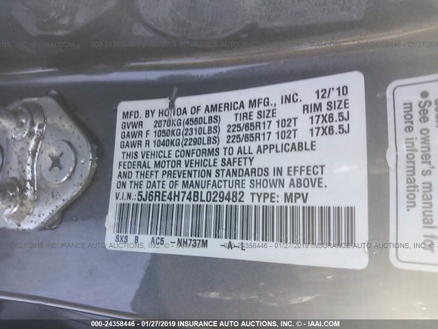 5J6RE4H74BL029482 - 2011 HONDA CR-V EXL GRAY photo 9