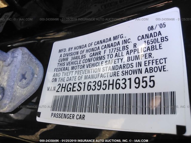 2HGES16395H631955 - 2005 HONDA CIVIC DX VP BLACK photo 9