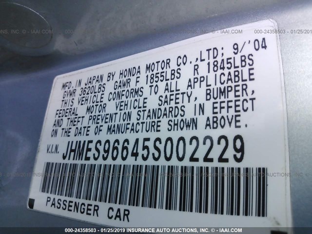 JHMES96645S002229 - 2005 HONDA CIVIC HYBRID SILVER photo 9