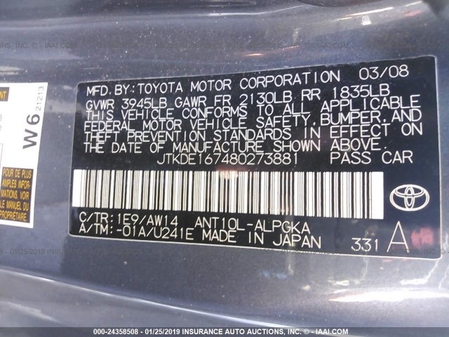 JTKDE167480273881 - 2008 TOYOTA SCION TC 灰色 照片 9