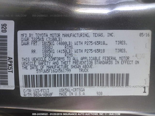 5TFUW5F16GX561799 - 2016 TOYOTA TUNDRA DOUBLE CAB SR/SR5 Pewter photo 9