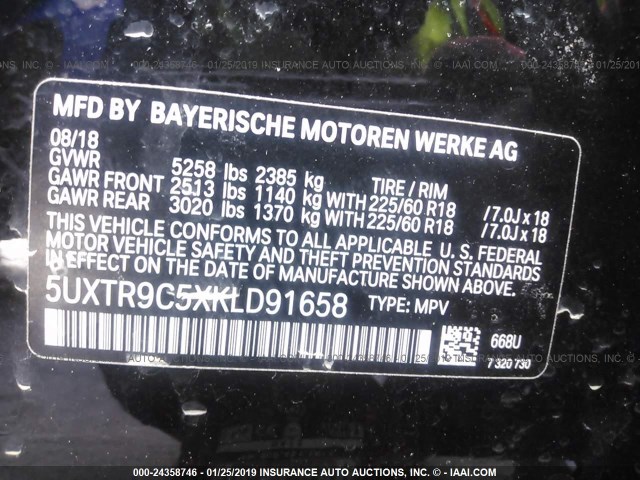 5UXTR9C5XKLD91658 - 2019 BMW X3 XDRIVE30I BLACK photo 9