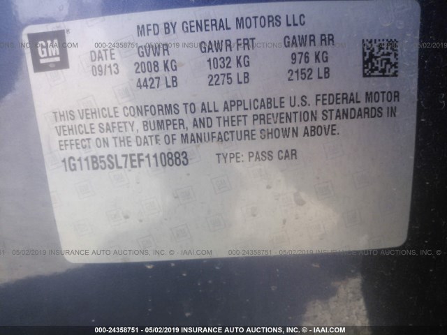 1G11B5SL7EF110883 - 2014 CHEVROLET MALIBU LS ლურჯი ფოტო 9