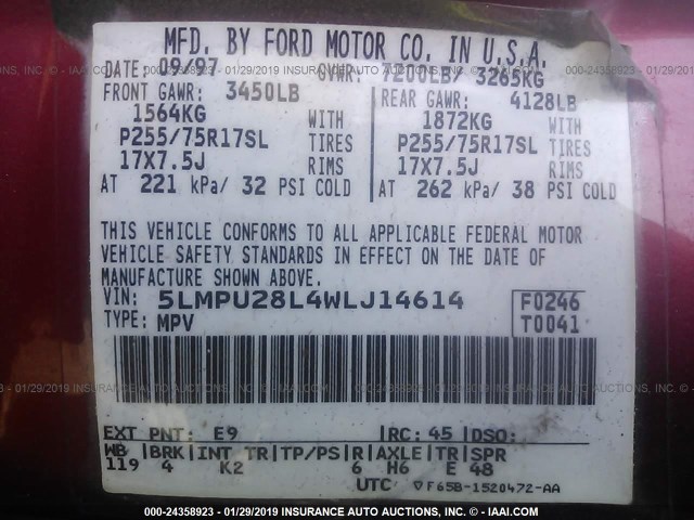 5LMPU28L4WLJ14614 - 1998 LINCOLN NAVIGATOR 红色 照片 9