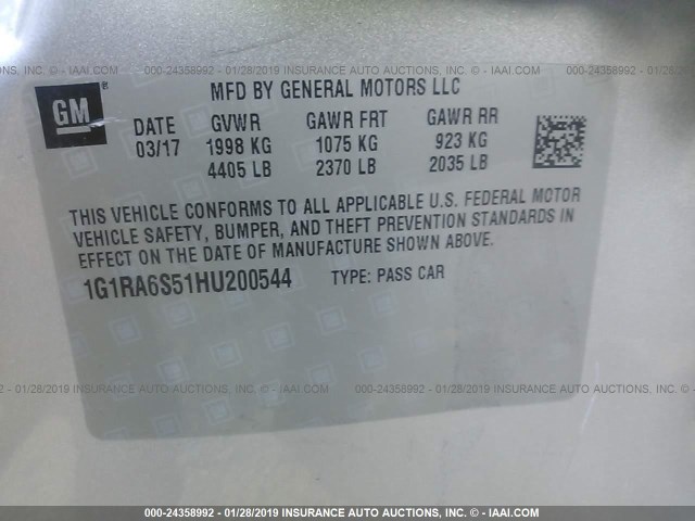 1G1RA6S51HU200544 - 2017 CHEVROLET VOLT LT SILVER photo 9