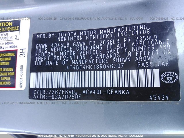 4T4BE46K18R046307 - 2008 TOYOTA CAMRY CE/LE/XLE/SE GREEN photo 9