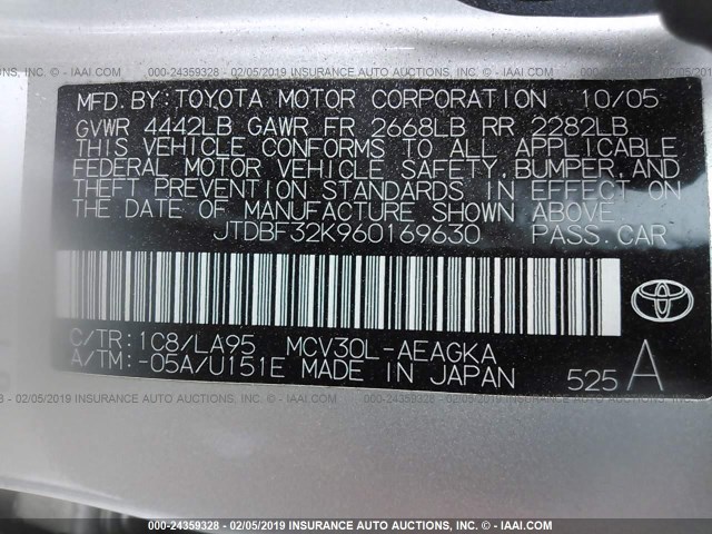 JTDBF32K960169630 - 2006 TOYOTA CAMRY LE/XLE SILVER photo 9