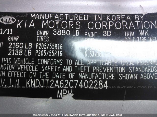 KNDJT2A62C7402284 - 2012 KIA SOUL +/!/SPORT SILVER photo 9