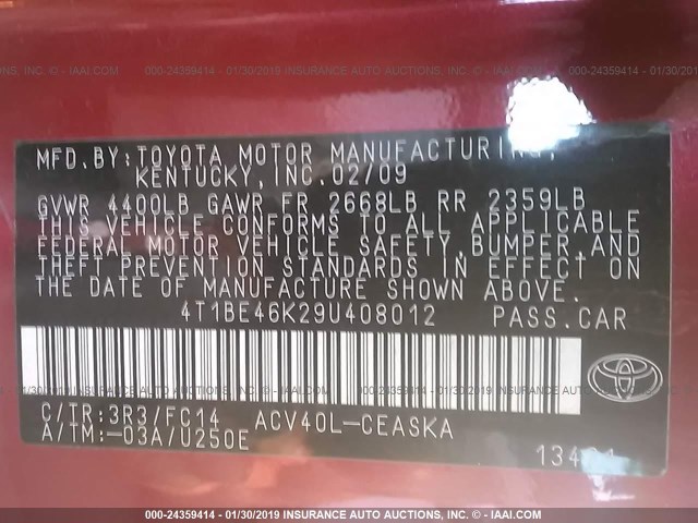 4T1BE46K29U408012 - 2009 TOYOTA CAMRY SE/LE/XLE RED photo 9