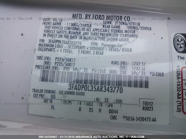 3FADP0L35AR343770 - 2010 FORD FUSION HYBRID WHITE photo 9