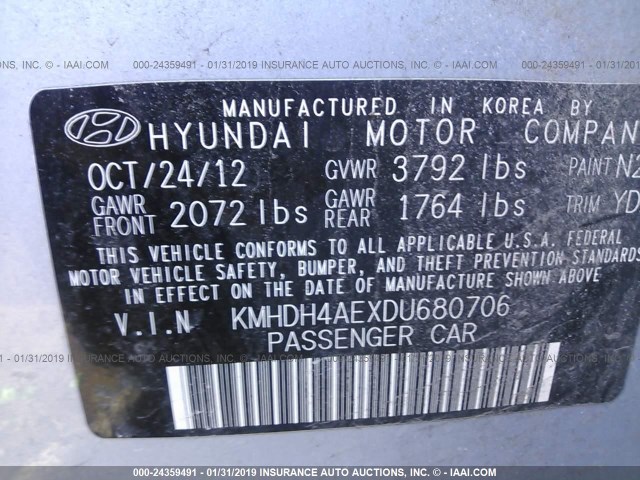 KMHDH4AEXDU680706 - 2013 HYUNDAI ELANTRA GLS/LIMITED Light Blue photo 9