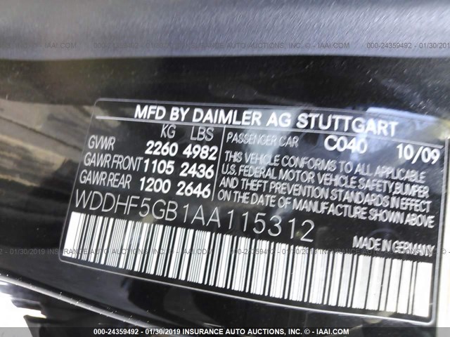 WDDHF5GB1AA115312 - 2010 MERCEDES-BENZ E 350 BLACK photo 9