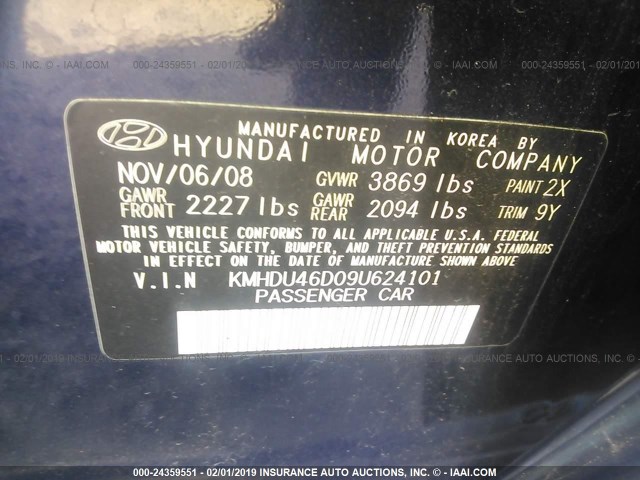 KMHDU46D09U624101 - 2009 HYUNDAI ELANTRA GLS/SE BLUE photo 9