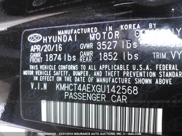 KMHCT4AEXGU142568 - 2016 HYUNDAI ACCENT SE BLACK photo 9