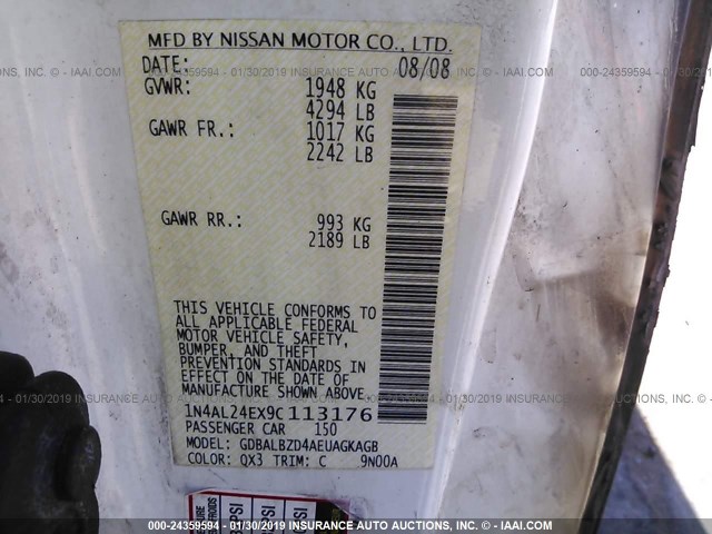 1N4AL24EX9C113176 - 2009 NISSAN ALTIMA 2.5S WHITE photo 9