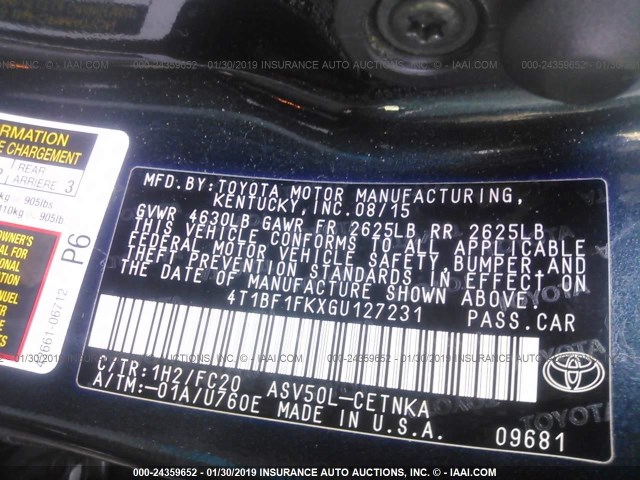 4T1BF1FKXGU127231 - 2016 TOYOTA CAMRY LE/XLE/SE/XSE შავი ფოტო 9