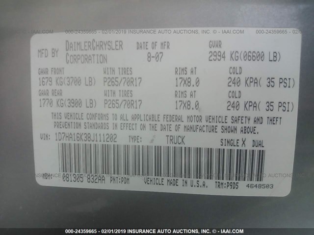 1D7HA16K38J111202 - 2008 DODGE RAM 1500 ST GRAY photo 9