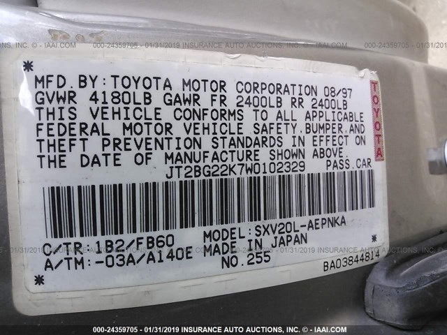 JT2BG22K7W0102329 - 1998 TOYOTA CAMRY CE/LE/XLE GRAY photo 9