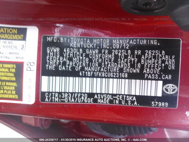 4T1BF1FK8CU623168 - 2012 TOYOTA CAMRY SE/LE/XLE 红色 照片 9