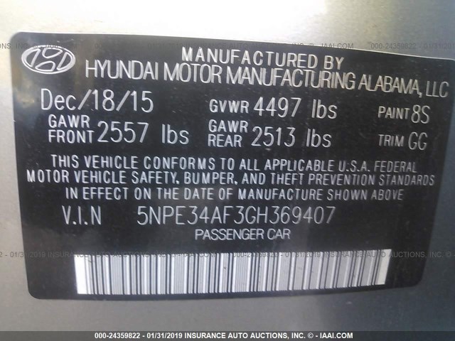 5NPE34AF3GH369407 - 2016 HYUNDAI SONATA SPORT/LIMITED GRAY photo 9