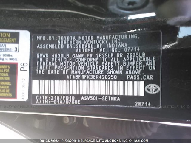 4T4BF1FK3ER428250 - 2014 TOYOTA CAMRY L/SE/LE/XLE BLACK photo 9
