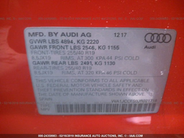 WA1JCCFS0JR021718 - 2018 AUDI Q3 PREMIUM PLUS RED photo 9