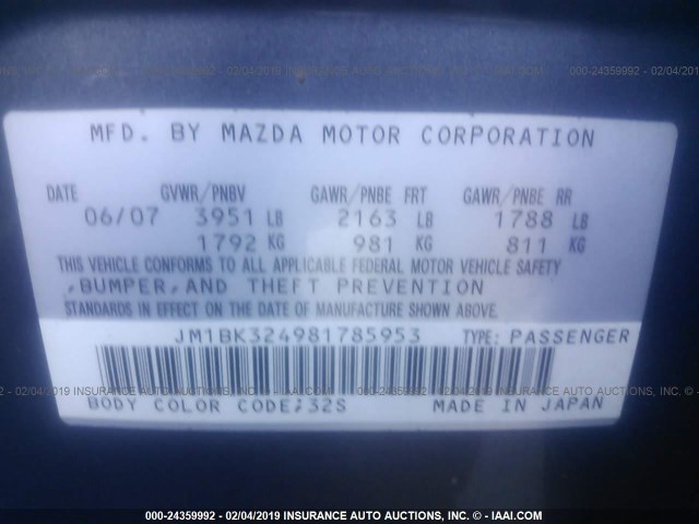 JM1BK324981785953 - 2008 MAZDA 3 S GRAY photo 9