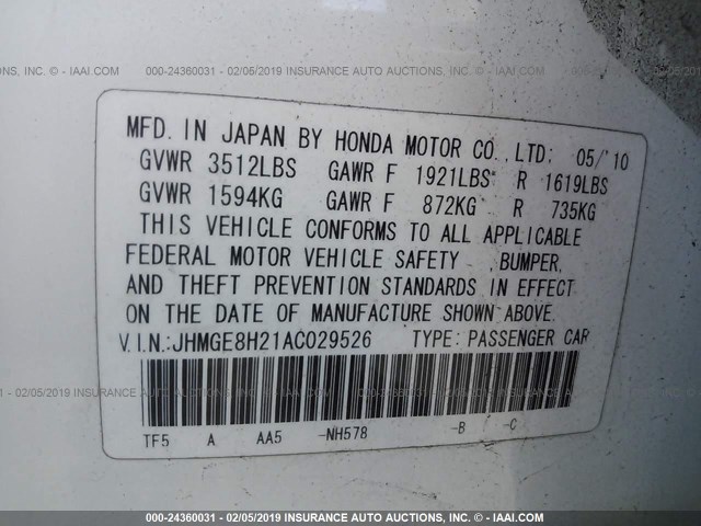 JHMGE8H21AC029526 - 2010 HONDA FIT WHITE photo 9