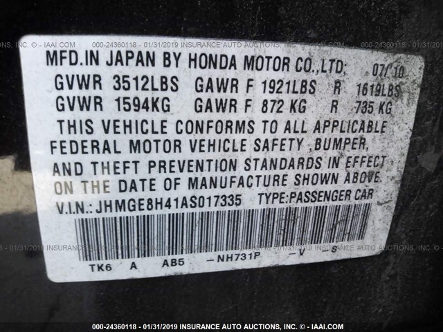 JHMGE8H41AS017335 - 2010 HONDA FIT SPORT BLACK photo 9