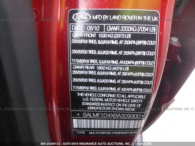 SALMF1D4XBA329300 - 2011 LAND ROVER RANGE ROVER HSE LUXURY RED photo 9