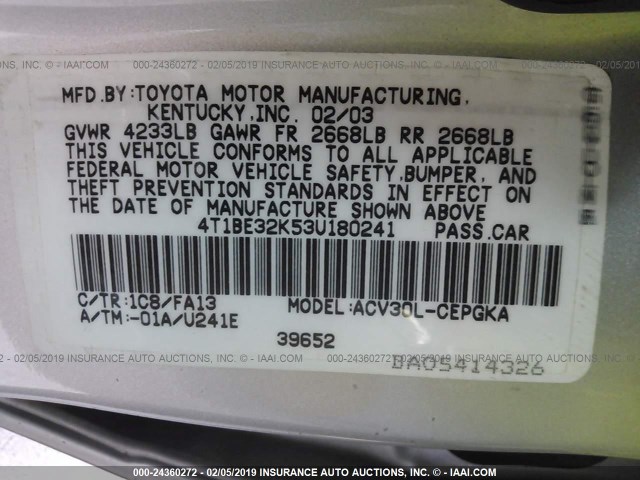 4T1BE32K53U180241 - 2003 TOYOTA CAMRY LE/XLE/SE SILVER photo 9