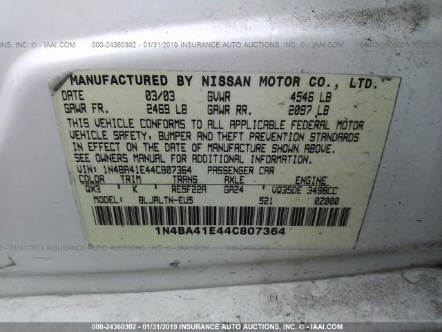 1N4BA41E44C807364 - 2004 NISSAN MAXIMA SE/SL WHITE photo 9