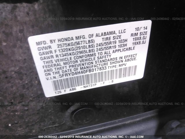 5FRYD4H40FB017833 - 2015 ACURA MDX TECHNOLOGY BLACK photo 9