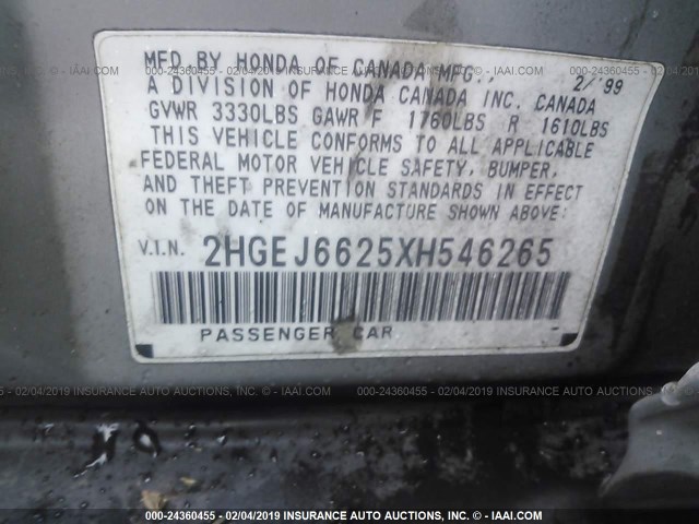 2HGEJ6625XH546265 - 1999 HONDA CIVIC DX SILVER photo 9