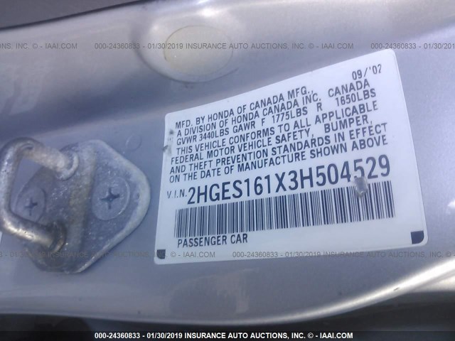 2HGES161X3H504529 - 2003 HONDA CIVIC DX SILVER photo 9