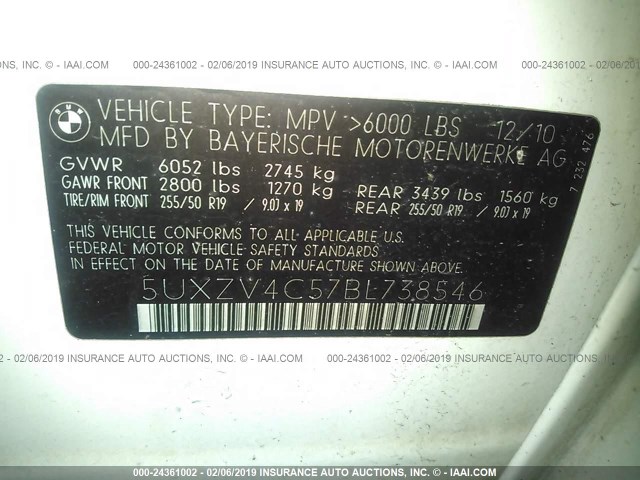 5UXZV4C57BL738546 - 2011 BMW X5 XDRIVE35I WHITE photo 9