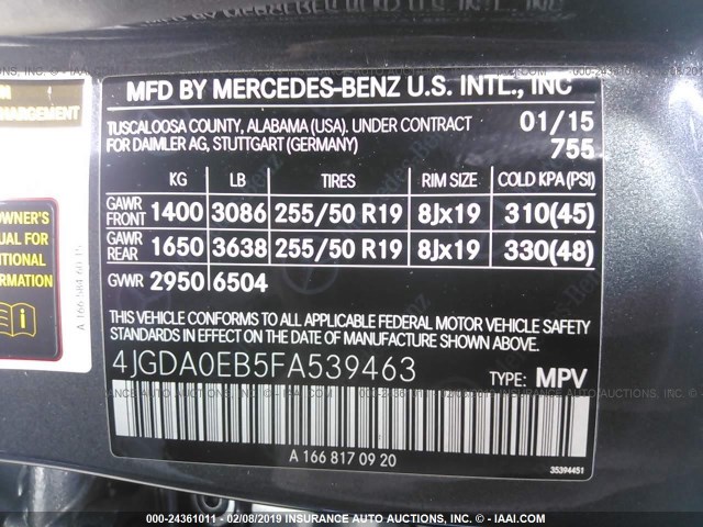 4JGDA0EB5FA539463 - 2015 MERCEDES-BENZ ML 250 BLUETEC GRAY photo 9