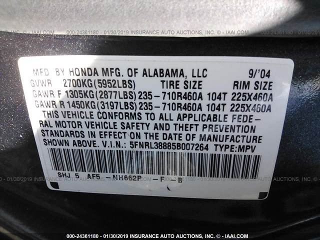 5FNRL38885B007264 - 2005 HONDA ODYSSEY TOURING GRAY photo 9