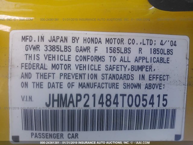 JHMAP21484T005415 - 2004 HONDA S2000 YELLOW photo 9