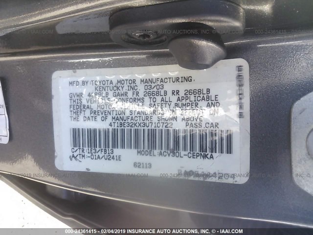 4T1BE32KX3U710722 - 2003 TOYOTA CAMRY LE/XLE/SE GRAY photo 9
