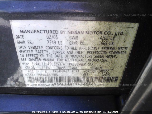 1N4AL11D45C325376 - 2005 NISSAN ALTIMA S/SL GRAY photo 9