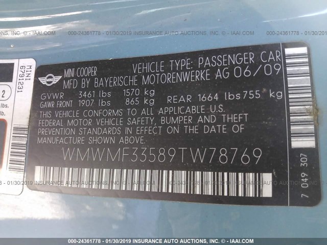 WMWMF33589TW78769 - 2009 MINI COOPER Light Blue photo 9