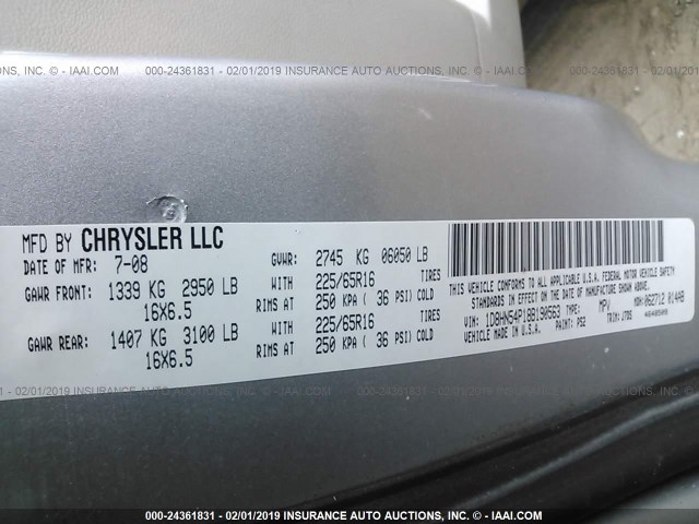 1D8HN54P18B190563 - 2008 DODGE GRAND CARAVAN SXT SILVER photo 9