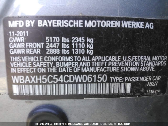 WBAXH5C54CDW06150 - 2012 BMW 528 XI BLACK photo 9