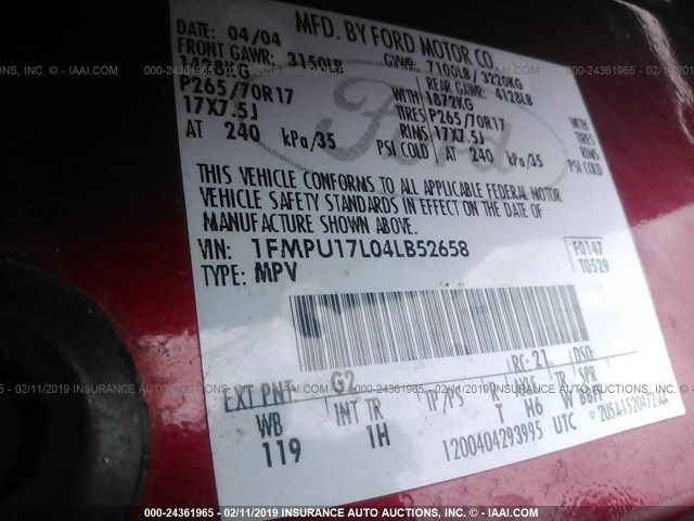 1FMPU17L04LB52658 - 2004 FORD EXPEDITION EDDIE BAUER RED photo 9