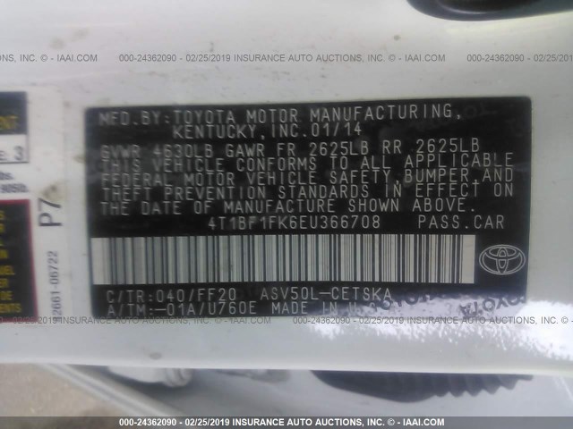 4T1BF1FK6EU366708 - 2014 TOYOTA CAMRY L/SE/LE/XLE 白色 照片 9