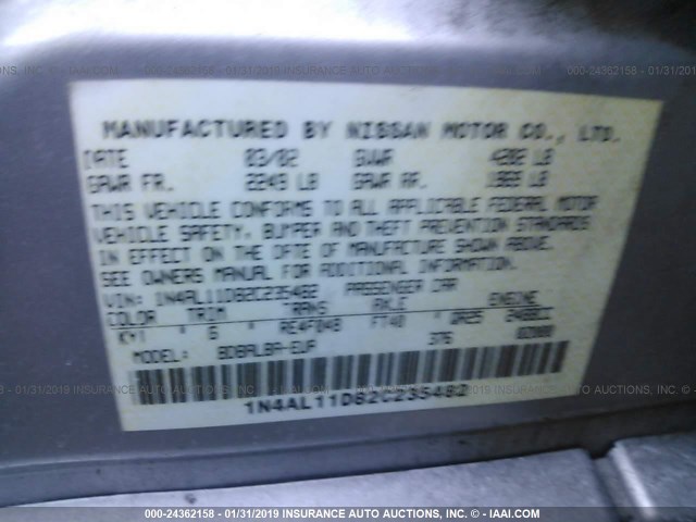 1N4AL11D82C235482 - 2002 NISSAN ALTIMA S/SL SILVER photo 9