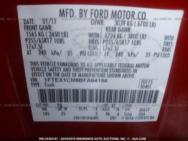 1FTEX1CM8BFA64194 - 2011 FORD F150 SUPER CAB RED photo 9