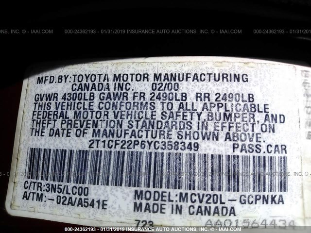 2T1CF22P6YC358349 - 2000 TOYOTA CAMRY SOLARA SE/SLE RED photo 9